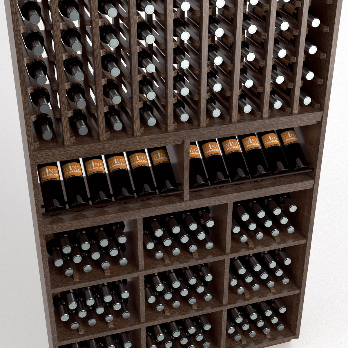 Wooden wine rack with multiple bottle slots, lower cubby bins, and a front display shelf