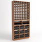 Dark wood wine rack with column bottle slots and cubby bins in the lower section