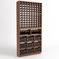 Dark wood wine cellar rack with bottle slots, lower display shelves, and cubby bins