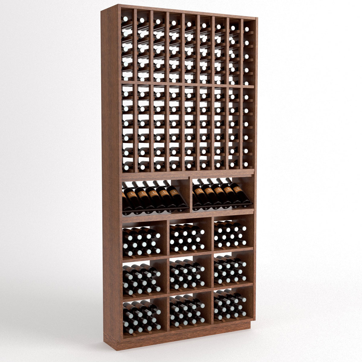Dark wood wine cellar rack with bottle slots, lower display shelves, and cubby bins
