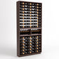 Dark wood wine rack cabinet with 9 columns of bottle rails and top/bottom display slots