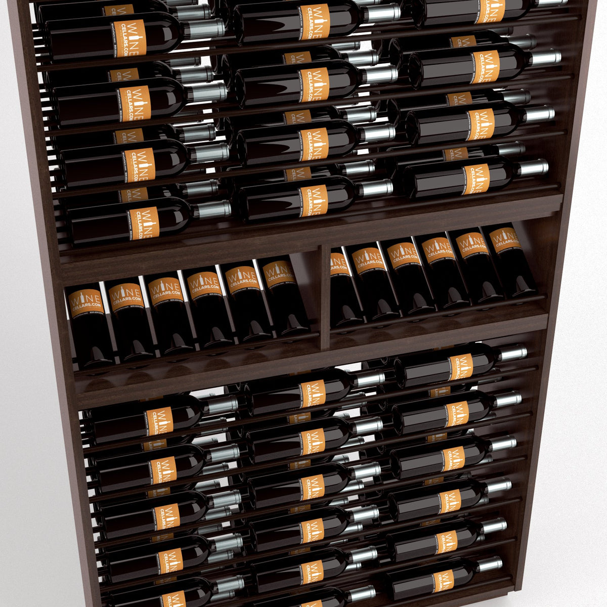 Wood wine bottle display with neatly arranged bottles in upper and lower compartments