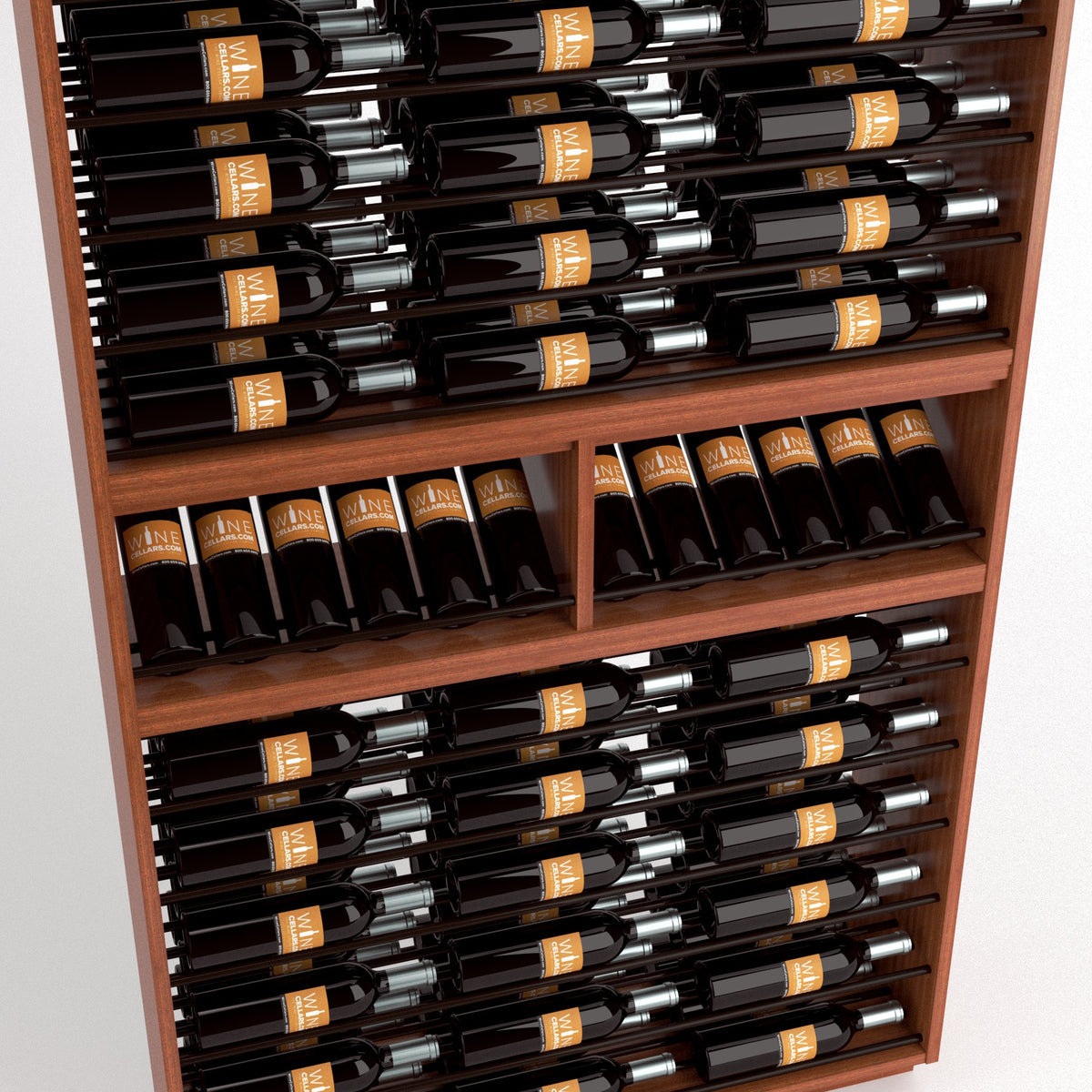 Multi-tier wine bottle display rack with dark bottles and orange label bands