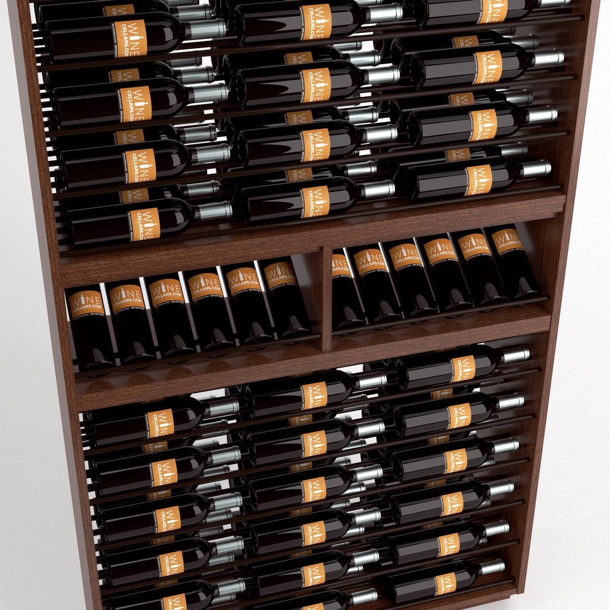 Wine bottle display rack with multiple rows of stored bottles on wooden shelves