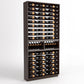 Dark wood wine storage cabinet with 9 columns, bottle rails, and lower cradles