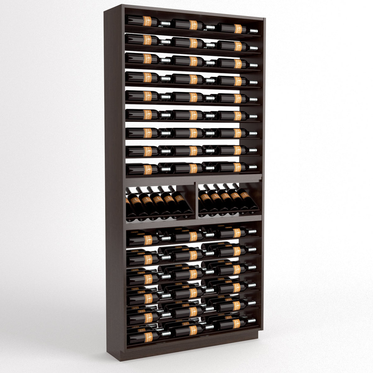 Dark wood wine storage cabinet with 9 columns, bottle rails, and lower cradles