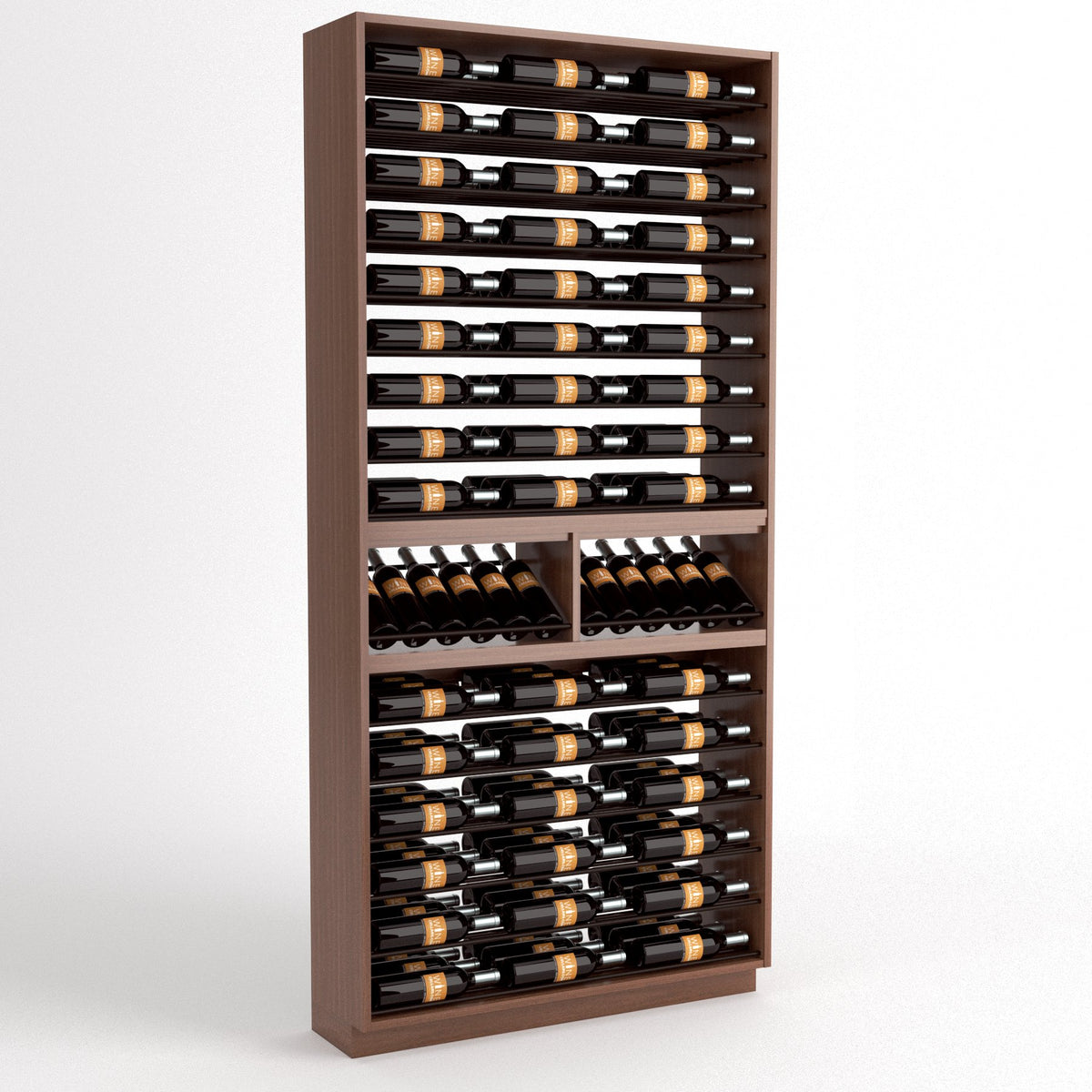 Dark wood wine storage cabinet with 9 columns and stacked bottle display rails