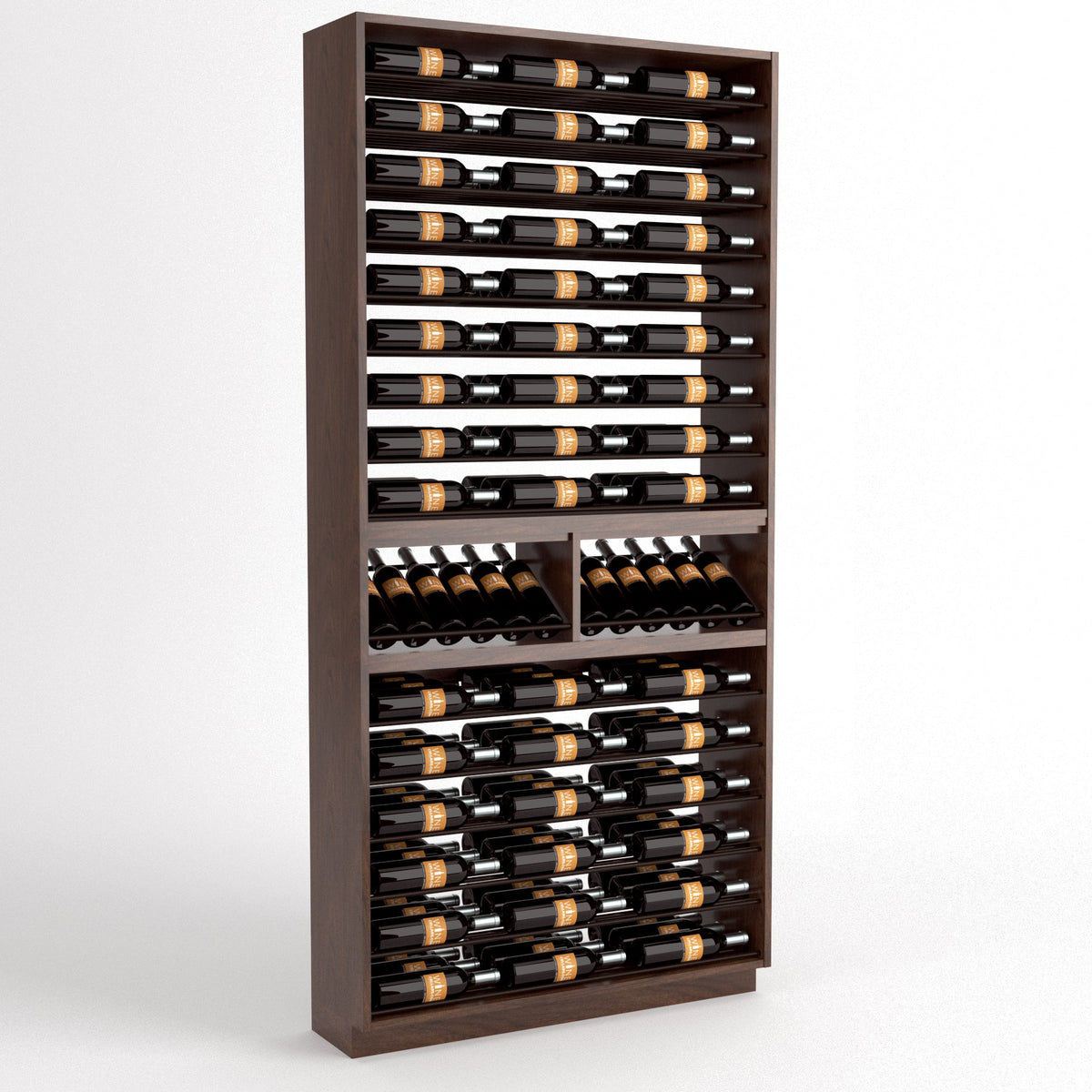 Dark wood wine storage cabinet with 9 columns and labeled bottle display rails