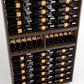 Close-up of wine bottle rails in a dark wood 9-column wine storage cabinet
