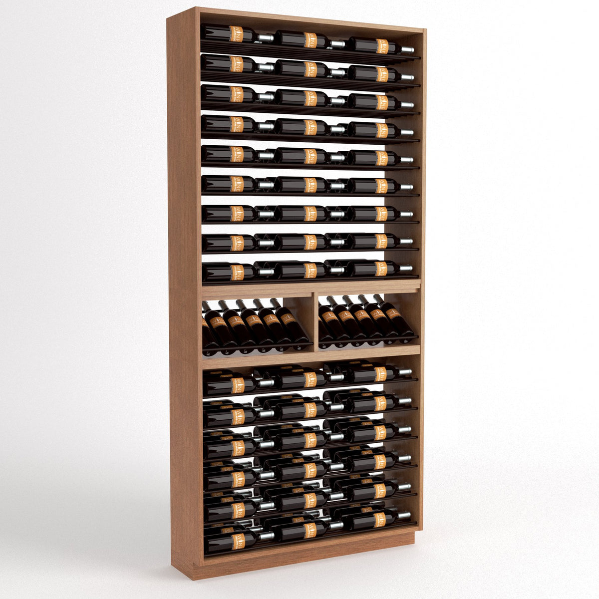 Medium wood wine rack cabinet with 9 columns of bottle rails and two lower display sections