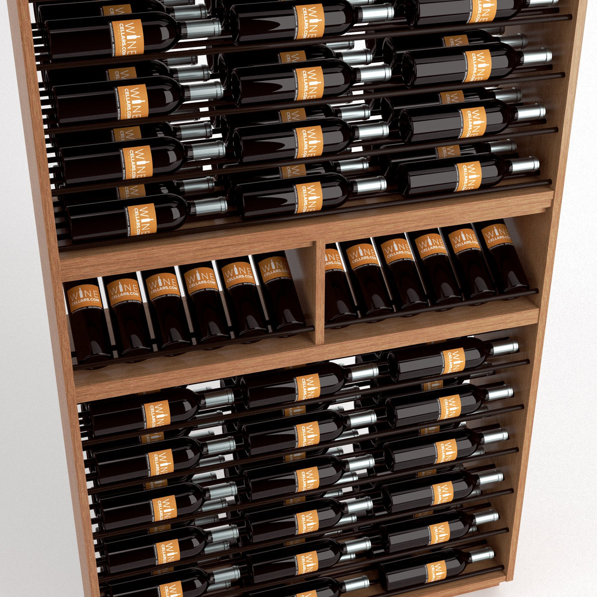 Wine bottle rack showing rows of black bottles with orange labels on wood shelving