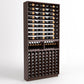 Wine bottle display rack with dark wood frame, upper bottle rails, and bottom compartment grid