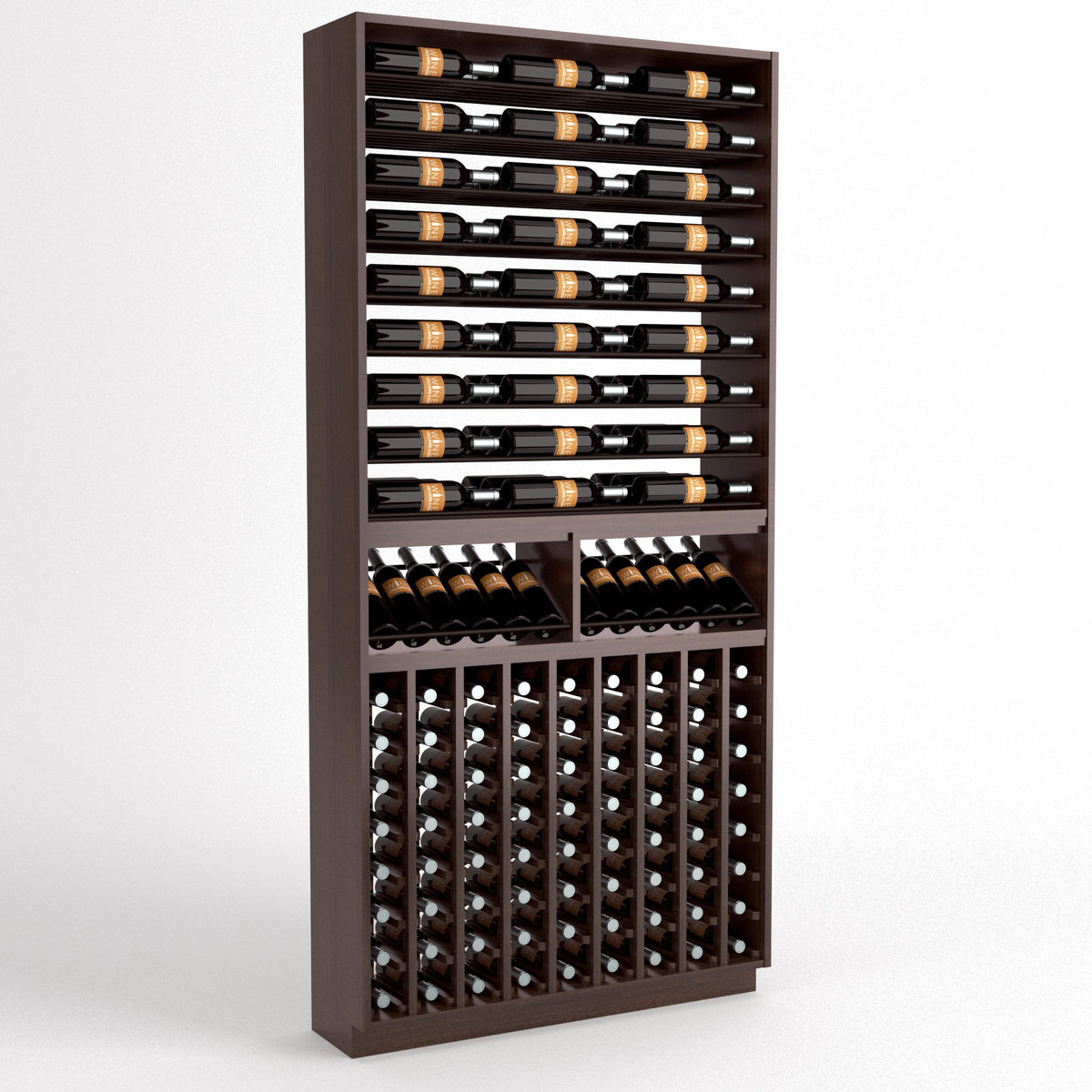 Wine bottle display rack with dark wood frame, upper bottle rails, and bottom compartment grid