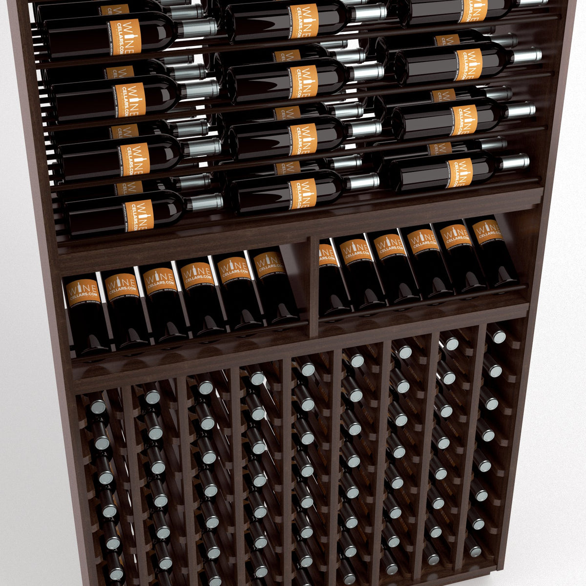 Close-up of wine bottles in wooden rack: horizontal rails above, vertical slots below
