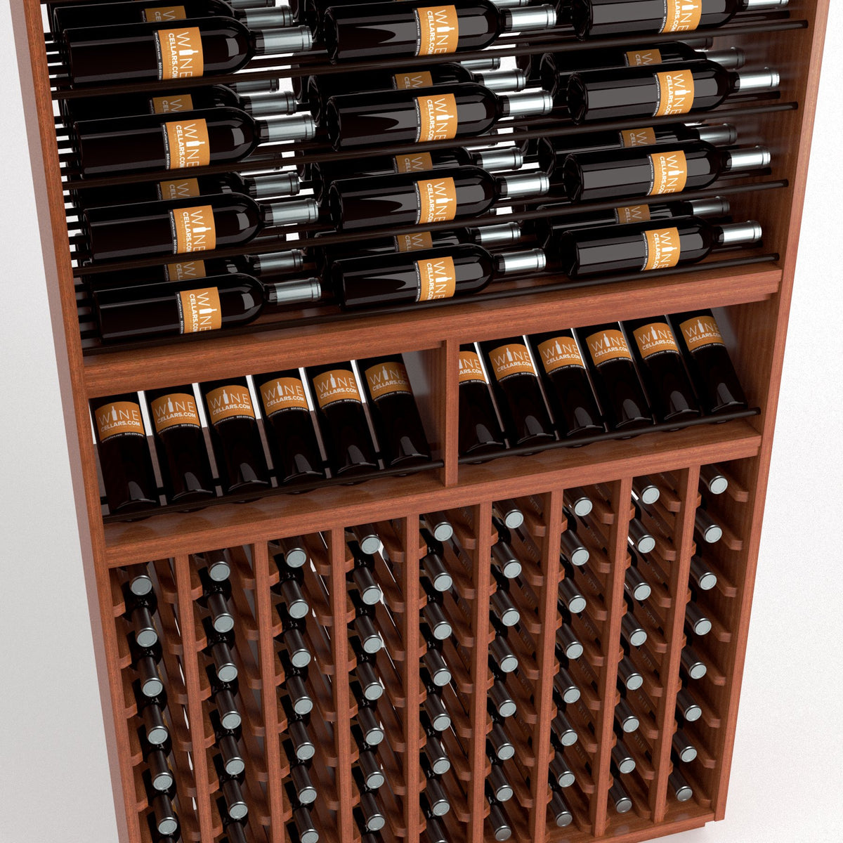 Wine bottle rack with front lower cubby grid of bottles and upper rail row of bottles