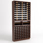 Wood wine bottle rack with top rails, two middle cradles, and a lower bottle grid