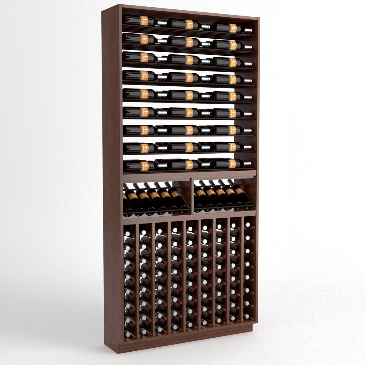 Wood wine bottle rack with top rails, two middle cradles, and a lower bottle grid
