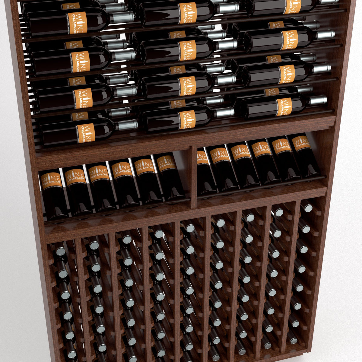 Full wooden cellar rack with top bottle rails and front grid of bottles with corks