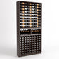 Wood cellar wine rack with horizontal bottle rails and grid-style bottle storage