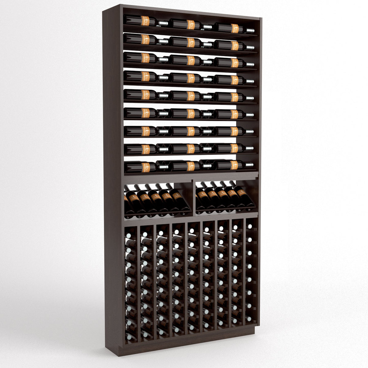 Wood cellar wine rack with horizontal bottle rails and grid-style bottle storage