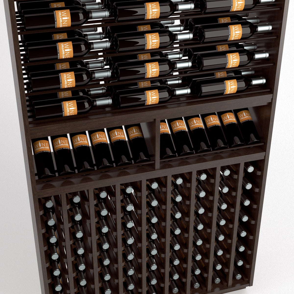 Close-up of wine bottles in wooden display rack with top rails and front vertical slots