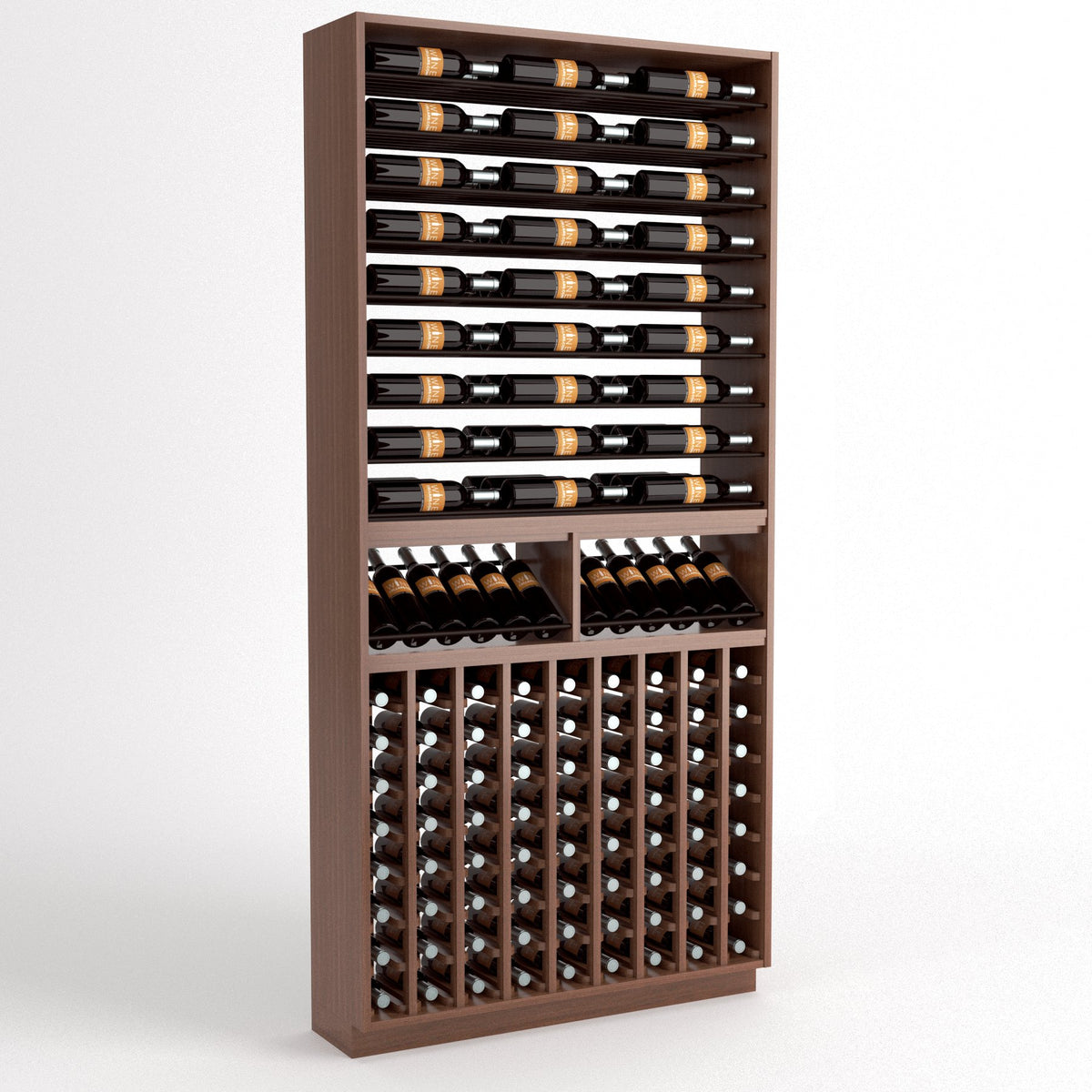 Wood wine rack with top horizontal bottle rails and bottom vertical bottle slots