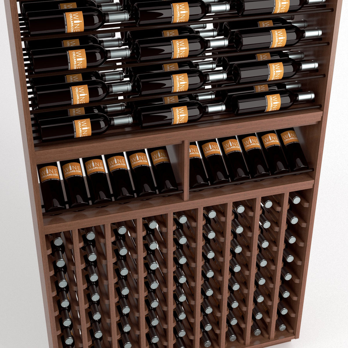 Close-up of wine bottle rack with horizontal rails and grid of vertical bottle holders