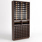 Wood wine bottle rack with top horizontal rails and lower cradles for bottles