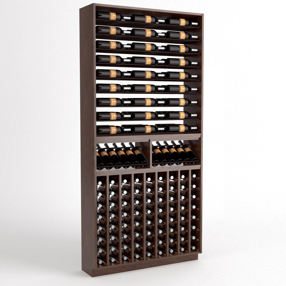 Wood wine bottle rack with top horizontal rails and lower cradles for bottles