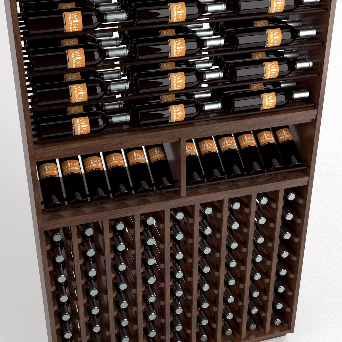 Front view of wooden wine rack with upper bottle rails and lower bottle storage grid