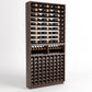 Wood wine rack with top horizontal bottle rails and lower cradles for two bottle rows
