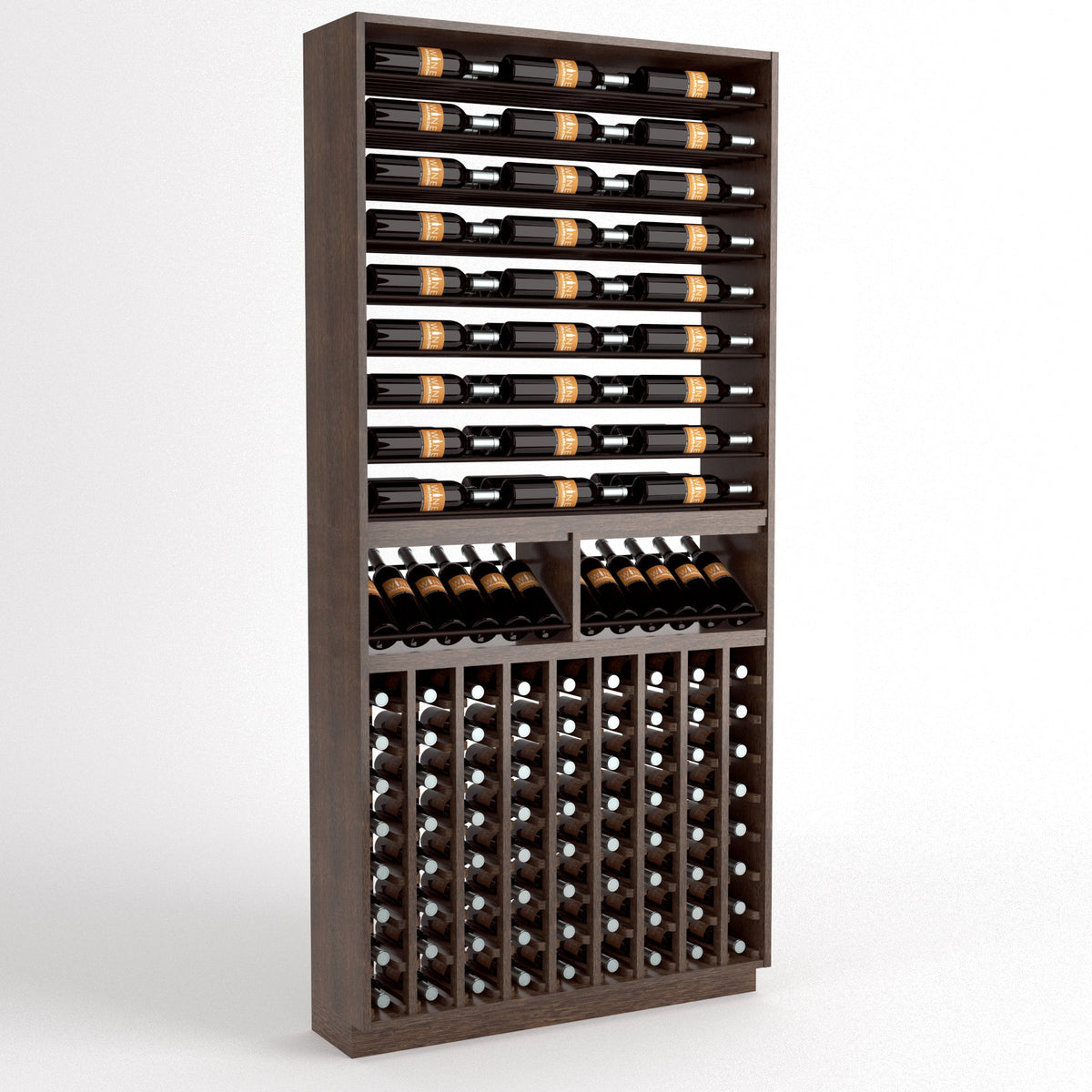 Wood wine rack with top horizontal bottle rails and lower cradles for two bottle rows