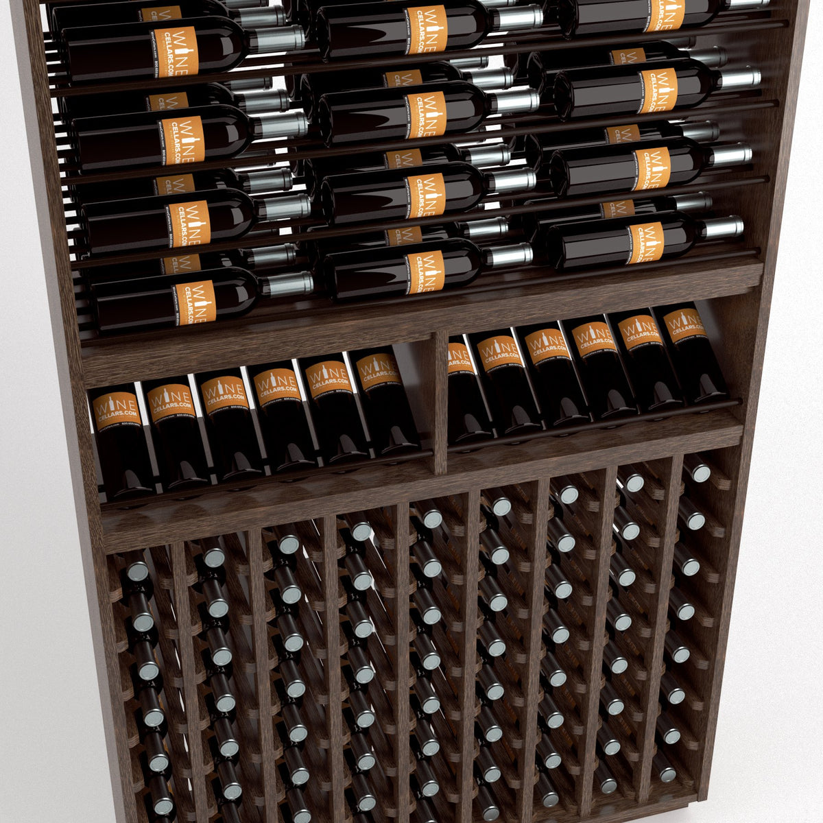 Wood wine rack with stacked black bottles on top rails and front corked bottle slots