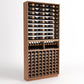 Light wood wine bottle display rack with top rails and lower bottle grid