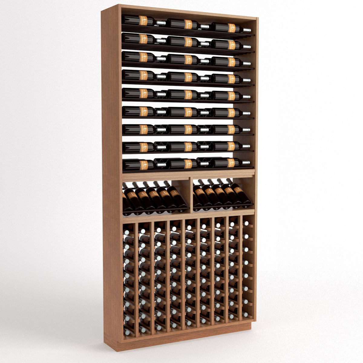 Light wood wine bottle display rack with top rails and lower bottle grid