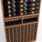 Wooden wine bottle rack with top bottle rails and lower display grid, black bottles
