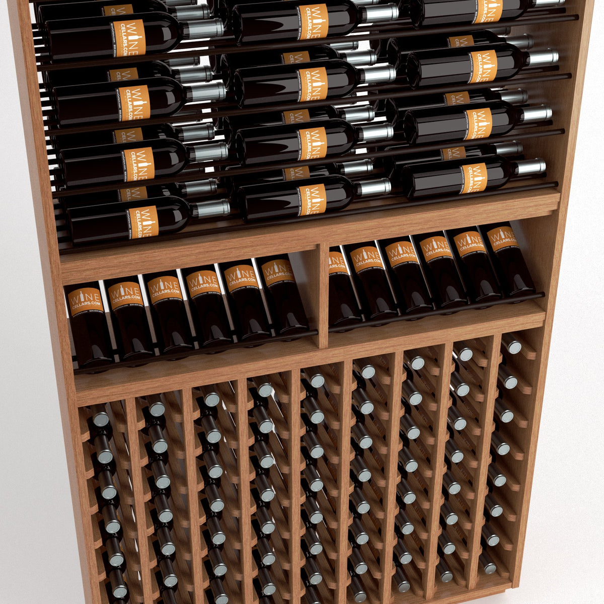 Wooden wine bottle rack with top bottle rails and lower display grid, black bottles