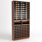 Wood wine bottle rack with upper horizontal rails and lower wine bottle cubby grid