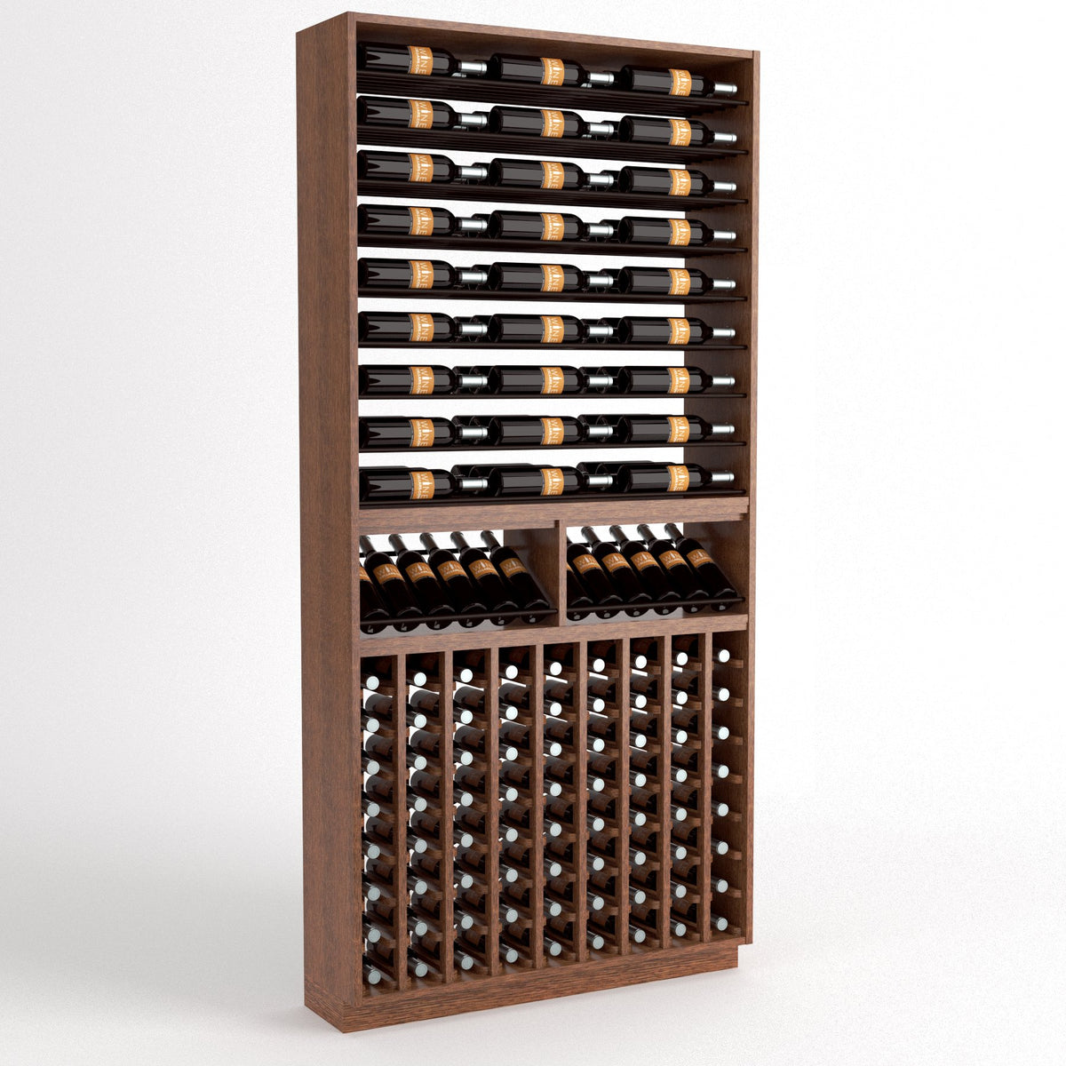 Wood wine bottle rack with upper horizontal rails and lower wine bottle cubby grid