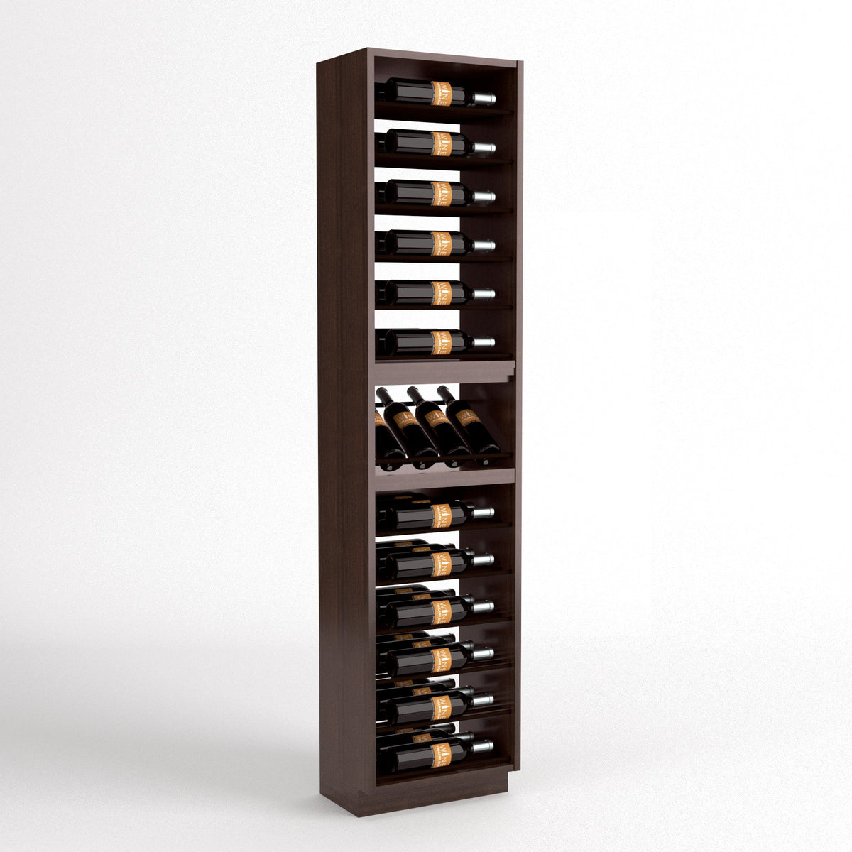 Dark wood 4-column wine bottle rack cabinet with a lower wine glass holder