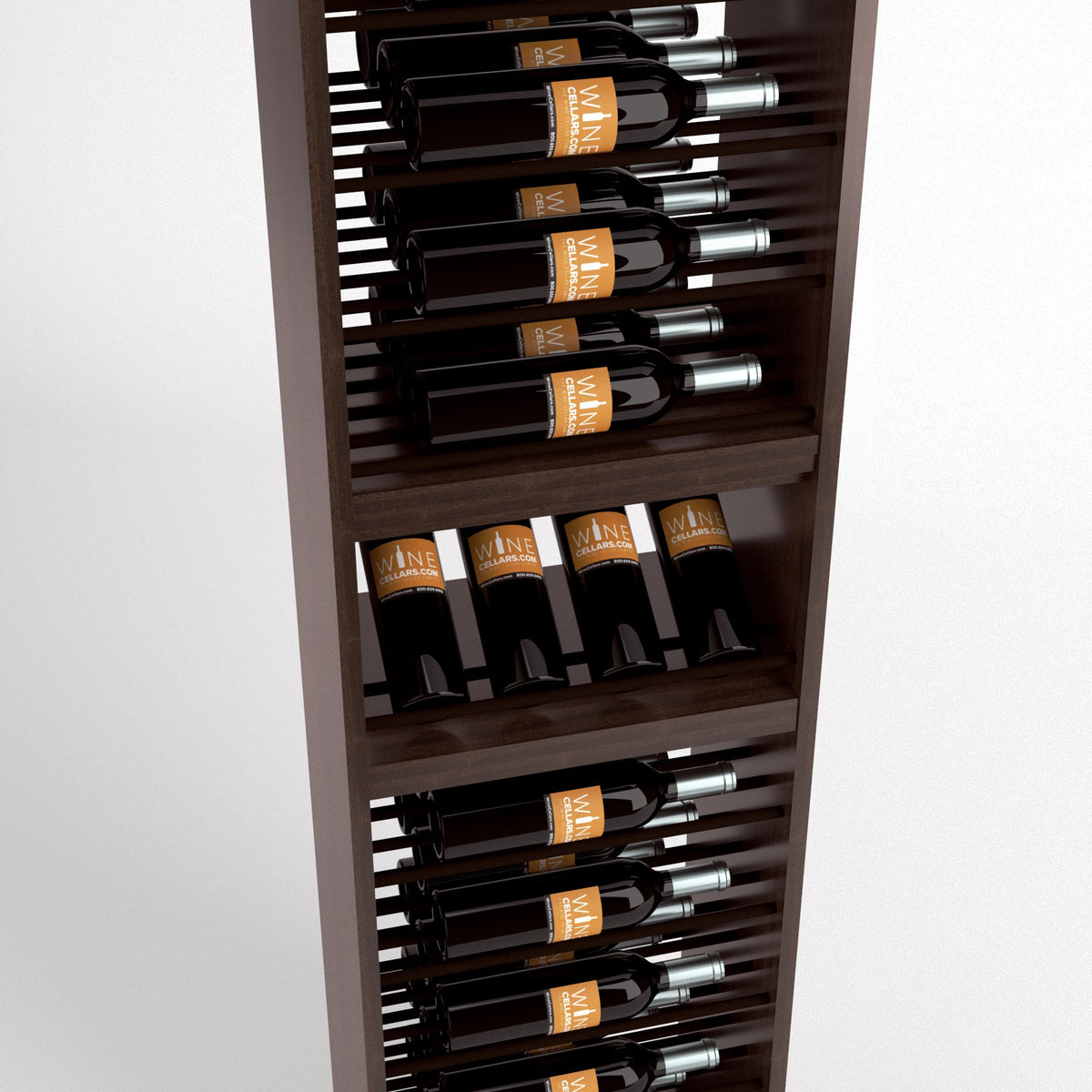 Dark wood wine bottle rack with horizontal slots holding bottles and glass compartments