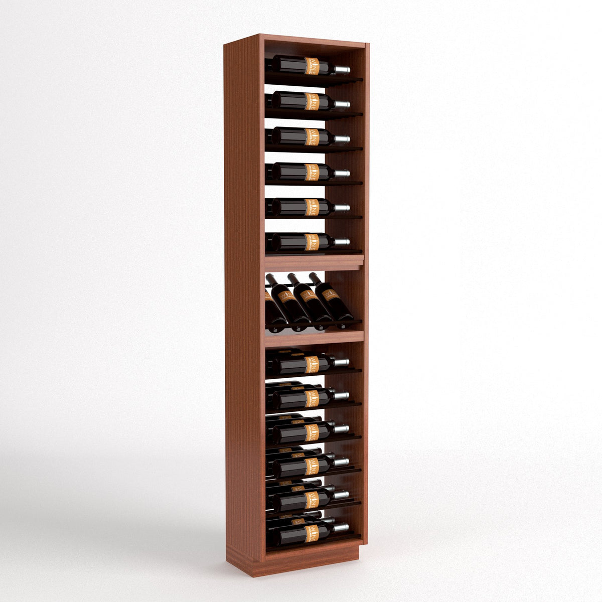 Tall wood wine rack cabinet with 4-column bottle rows and a bottle wine glass holder