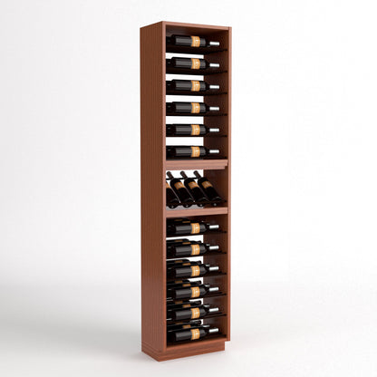 Tall wood wine rack cabinet with 4-column bottle rows and a bottle wine glass holder