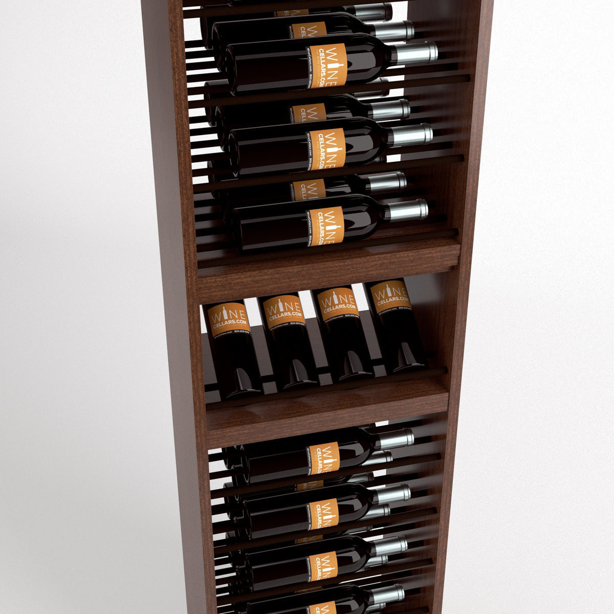 Close-up of dark wood wine bottle rack with front label view and horizontal holders