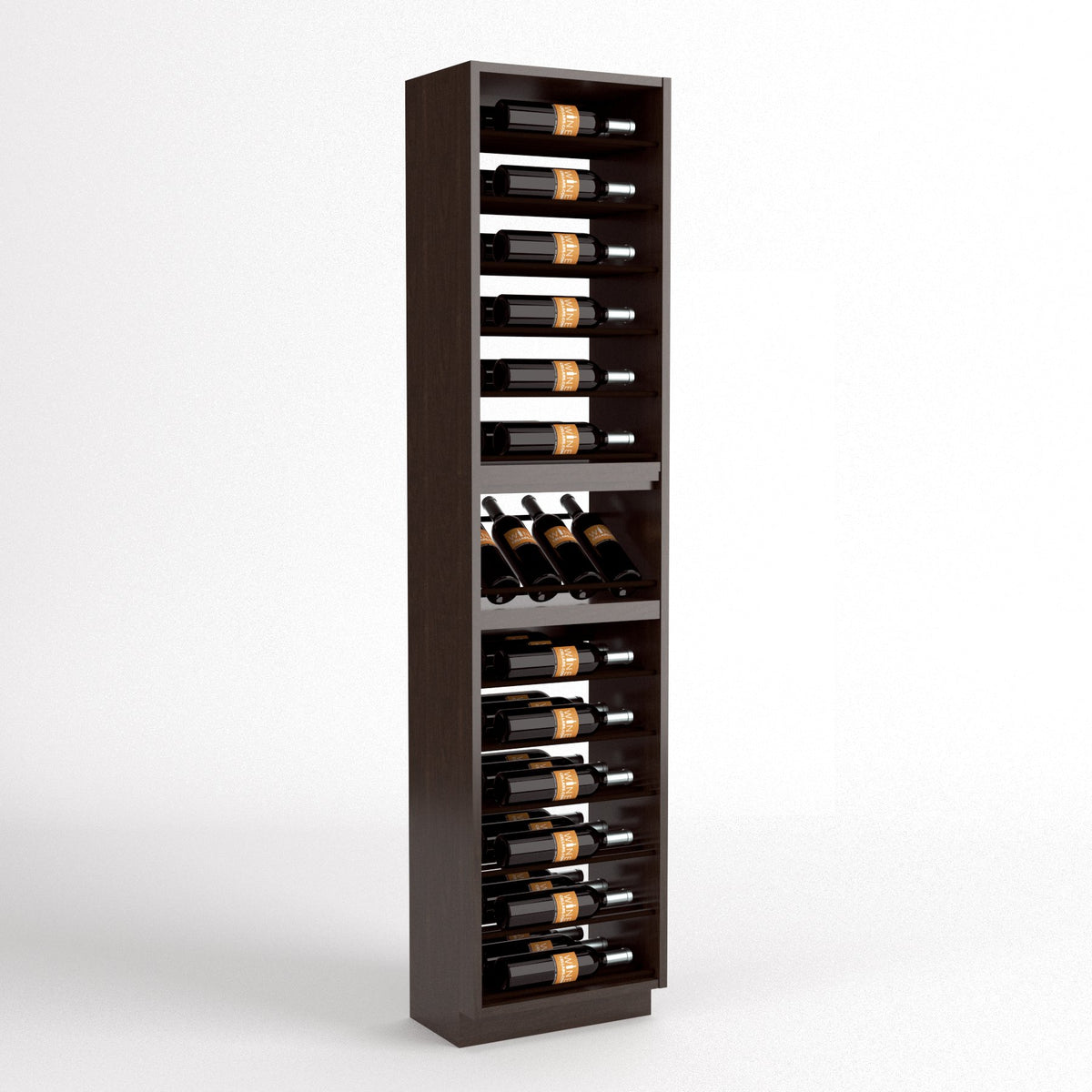 Tall wood wine bottle rack cabinet with 4-column bottle slots and a lower wine tray