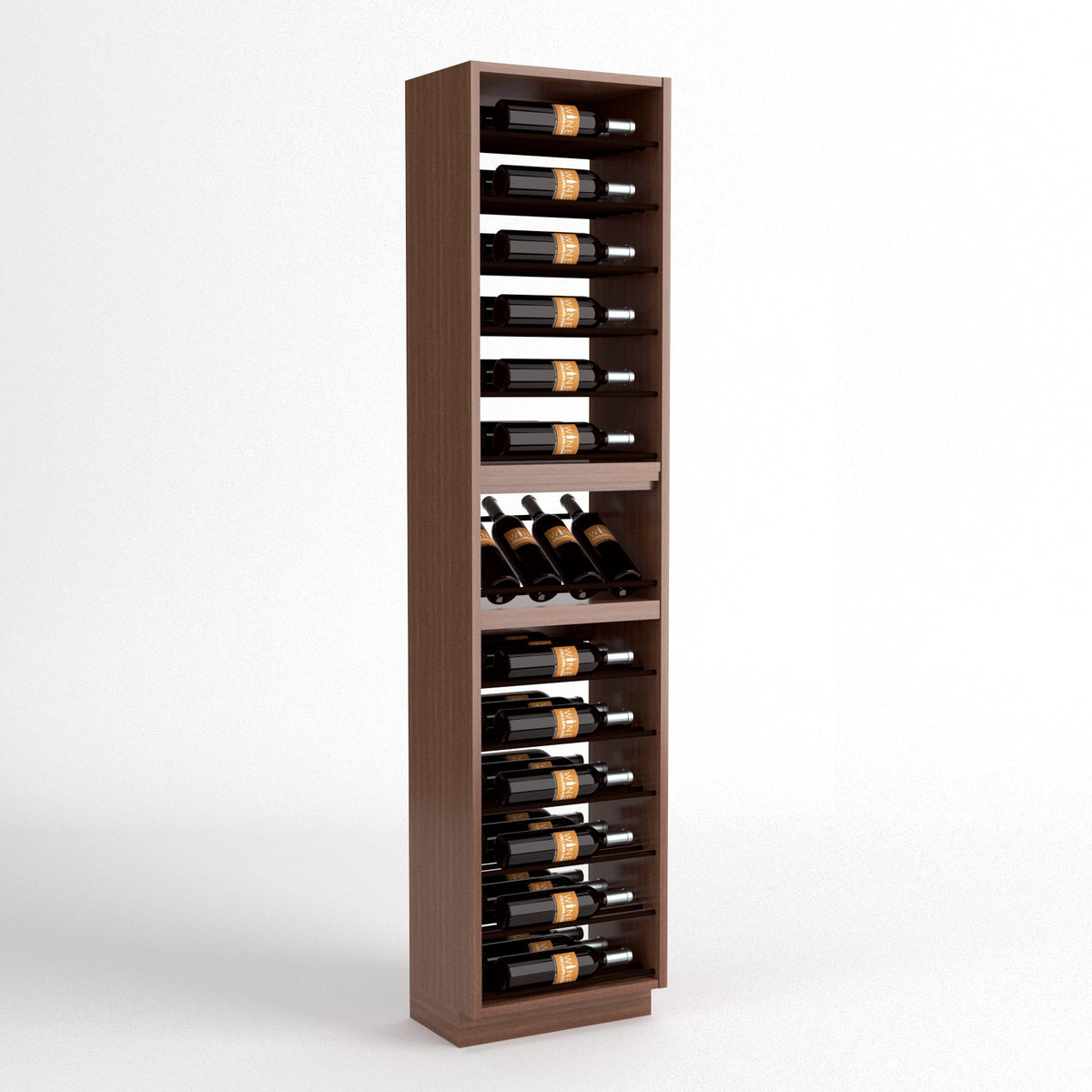 Tall wood wine bottle rack cabinet with dark finish and four column bottle storage
