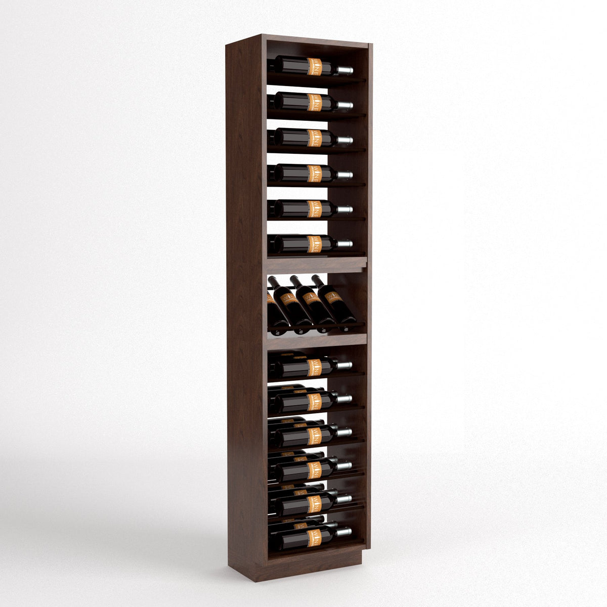 Walnut wine rack cabinet with four bottle rails and bottom wine holder compartment