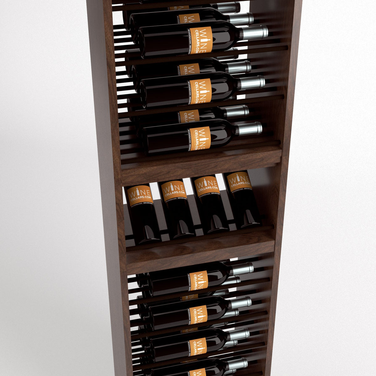 Angled view of wooden wine rack with bottle slots on rail supports and wine bottles