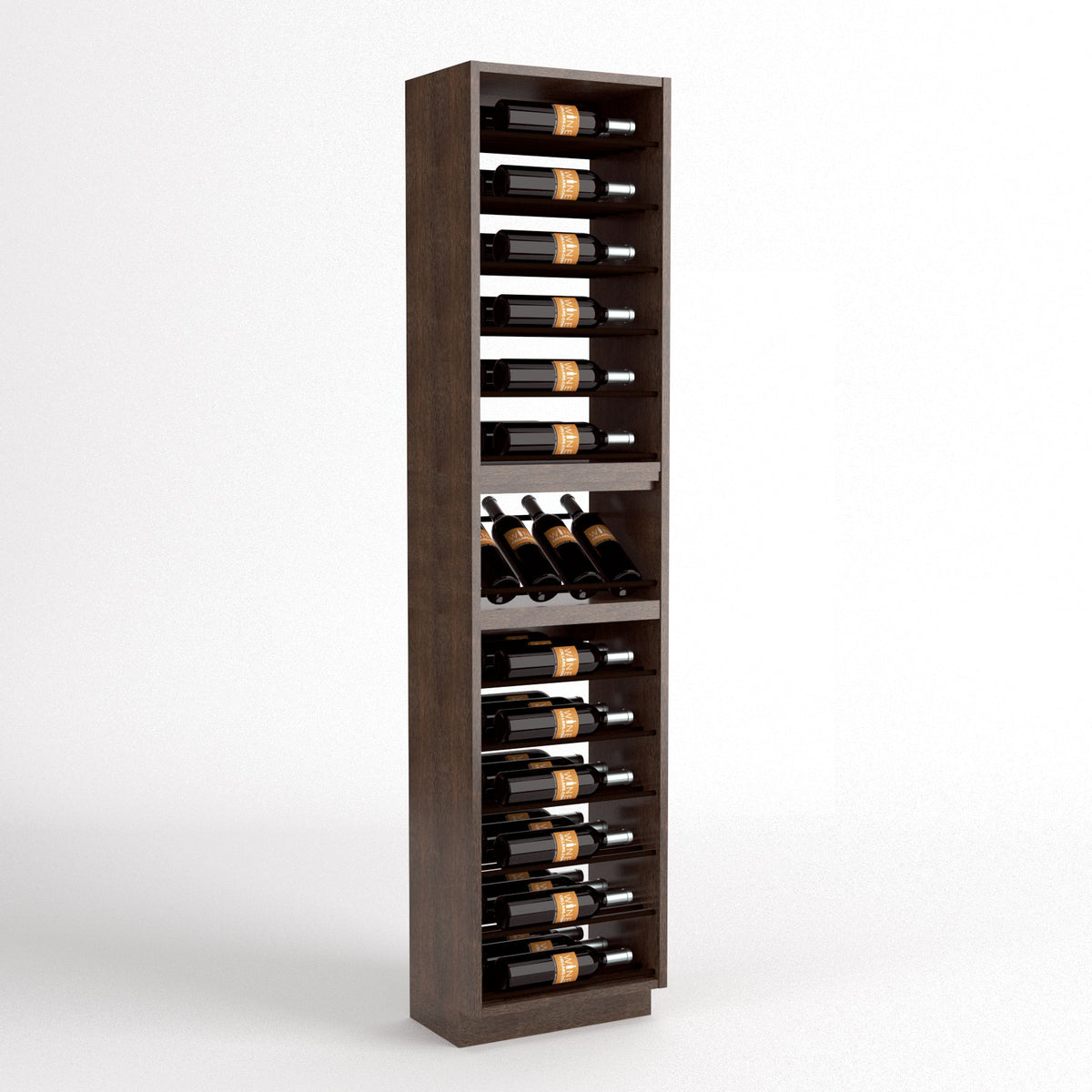Dark wood wine display cabinet with four bottle rails and a grid-style wine bottle tray