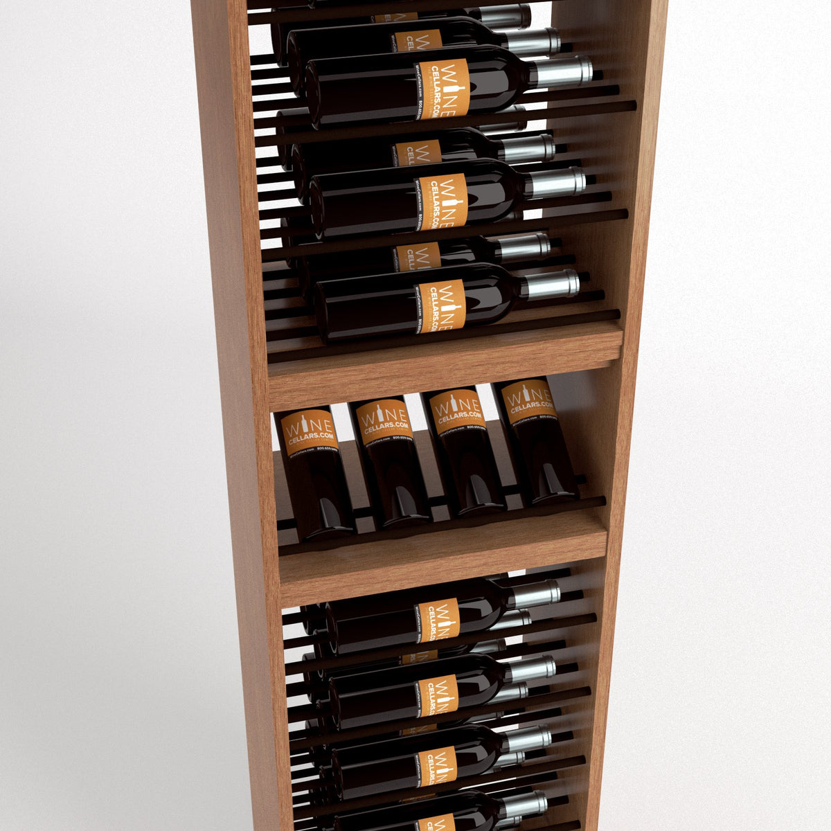 Angled view of light wood wine rack showing bottle rows on rail supports
